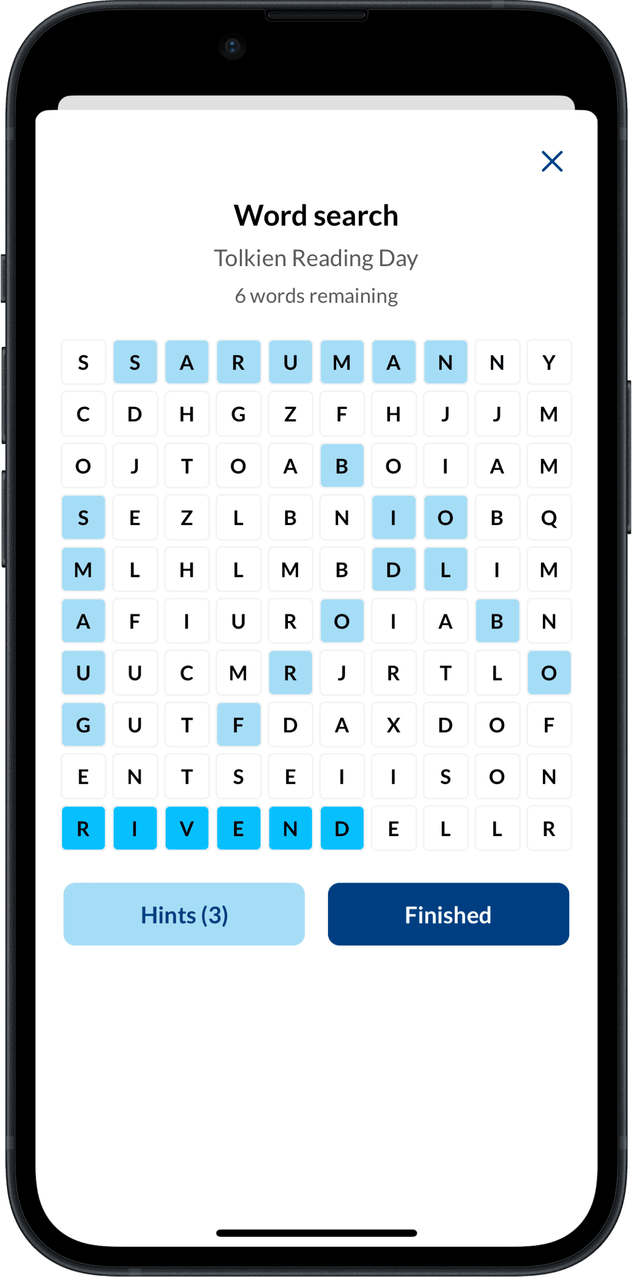 picture of a wordsearch game on an iphone